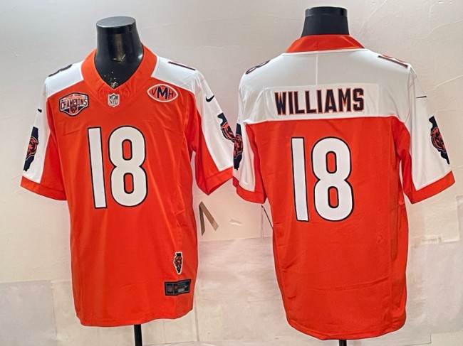 Men's Chicago Bears #18 Caleb Williams Orange White F.U.S.E. 2025 NFC North Division Champions & Illinois & VMH Patch Vapor Limited Stitched Jersey