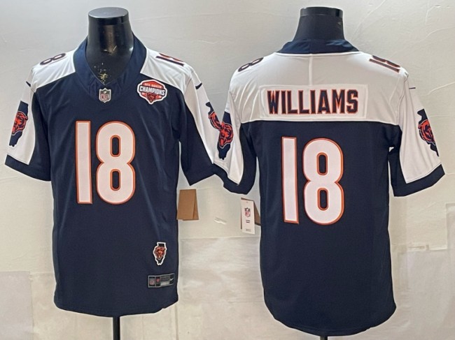 Men's Chicago Bears #18 Caleb Williams Navy White F.U.S.E. 2025 NFC North Champions & Illinois Patch Vapor Limited Stitched Jersey
