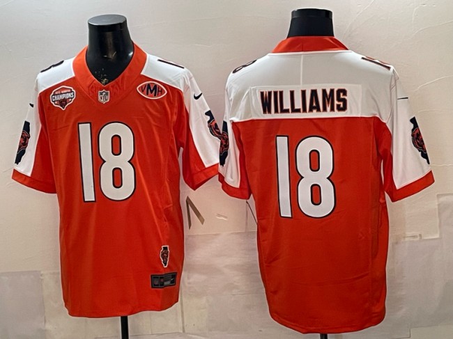 Men's Chicago Bears #18 Caleb Williams Orange White F.U.S.E. 2025 NFC North Champions & Illinois & VMH Patch Vapor Limited Stitched Jersey