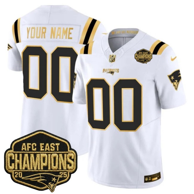 New England Patriots Custom White Gold F.U.S.E. 2025 AFC East Division Champions Vapor Limited Stitched Jersey