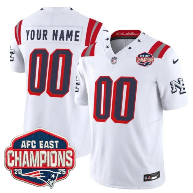 New England Patriots Custom White Rivalries F.U.S.E. 2025 AFC East Division Champions Vapor Limited Stitched Jersey