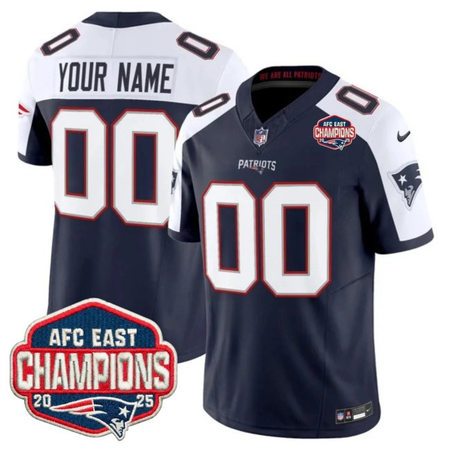New England Patriots Custom Navy White F.U.S.E. 2025 AFC East Division Champions Vapor Limited Stitched Jersey
