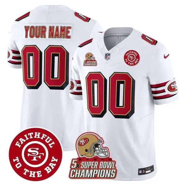 San Francisco 49ers Custom White F.U.S.E. Throwback 5X Super Bowl Champions & Faithful To The Bay Patch Vapor Limited Stitched Jersey