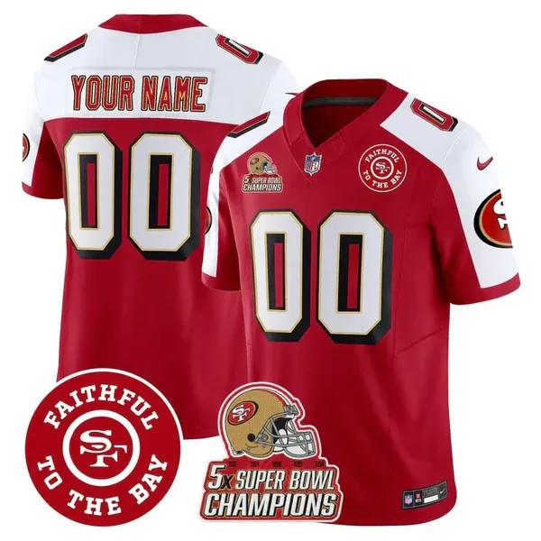 San Francisco 49ers Custom Red White F.U.S.E. Throwback 5X Super Bowl Champions & Faithful To The Bay Patch Vapor Limited Stitched Jersey