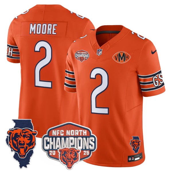 Men's Chicago Bears #2 DJ Moore Orange F.U.S.E. 2025 NFC North Division Champions Vapor Limited Stitched Jersey