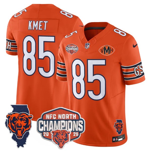 Men's Chicago Bears #85 Cole Kmet Orange F.U.S.E. 2025 NFC North Division Champions Vapor Limited Stitched Jersey