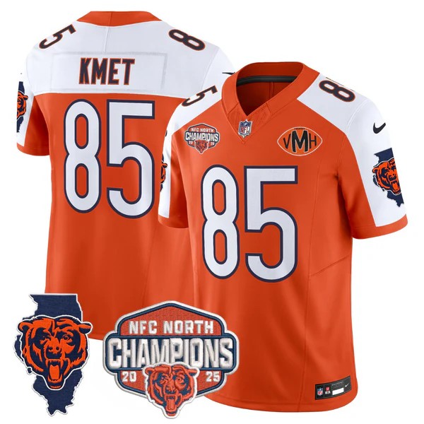 Men's Chicago Bears #85 Cole Kmet Orange White F.U.S.E. 2025 NFC North Division Champions Vapor Limited Stitched Jersey