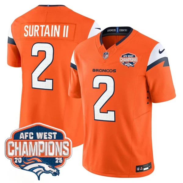 Men's Denver Broncos #2 Patrick Surtain II Orange F.U.S.E. 2025 AFC West Division Champions Vapor Limited Stitched Jersey