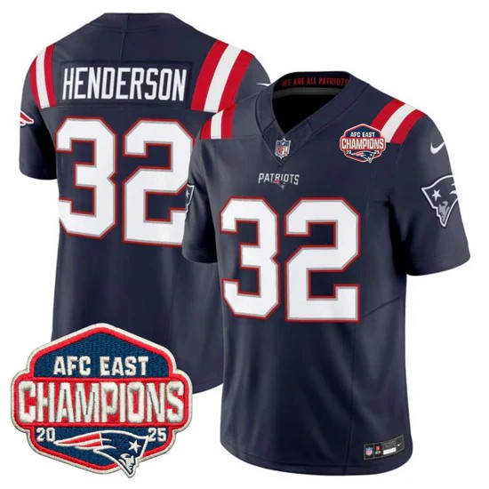 Men's New England Patriots #32 TreVeyon Henderson Navy F.U.S.E. 2025 AFC East Division Champions Vapor Limited Stitched Jersey