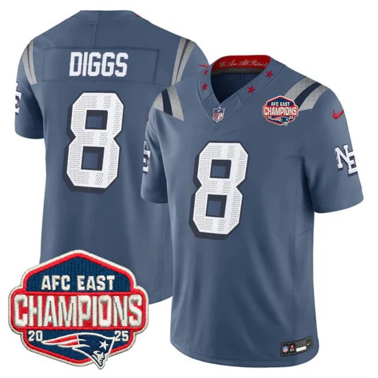 Men's New England Patriots #8 Stefon Diggs Storm Blue Rivalries F.U.S.E. 2025 AFC East Division Champions Vapor Limited Stitched Jersey