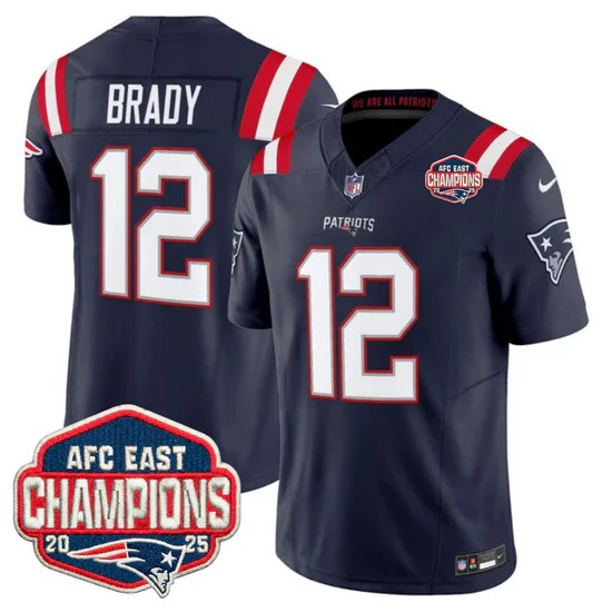 Men's New England Patriots #12 Tom Brady Navy F.U.S.E. 2025 AFC East Division Champions Vapor Limited Stitched Jersey