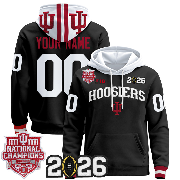 Men & Women & Youth Indiana Hoosiers Custom Black 2025 National Champions & 2026 CFP Final Patch Premium  Pullover Stitched Hoodie