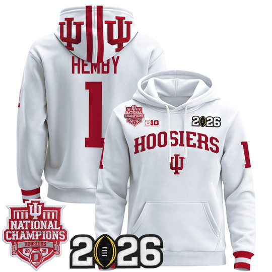Men's Indiana Hoosiers #1 Roman Hemby White 2025 National Champions & 2026 CFP Final Patch Premium  Pullover Stitched Hoodie