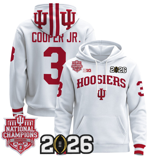 Men's Indiana Hoosiers #3 Omar Cooper Jr. White 2025 National Champions & 2026 CFP Final Patch Premium  Pullover Stitched Hoodie