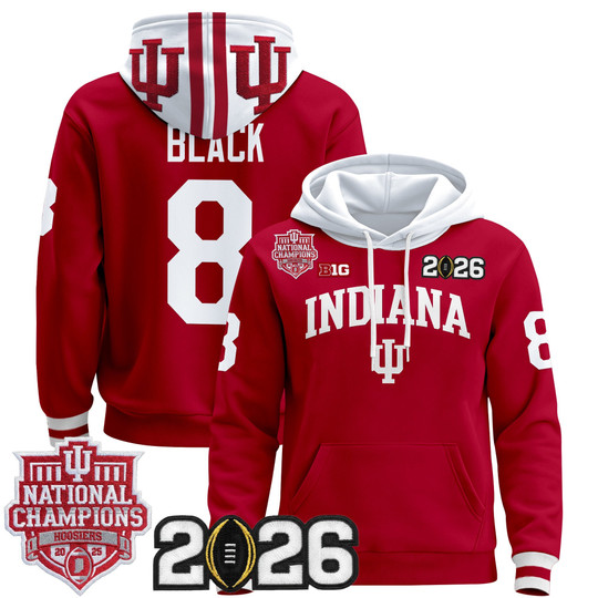 Men's Indiana Hoosiers #8 Kaelon Black Crimson 2025 National Champions & 2026 CFP Final Patch Stitched Pullover Hoodie