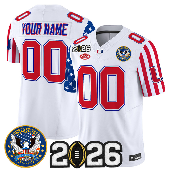 Men's Miami Hurricanes Custom White America250 Edition 2026 CFP Final Patch F.U.S.E. Vapor Limited Stitched Jersey