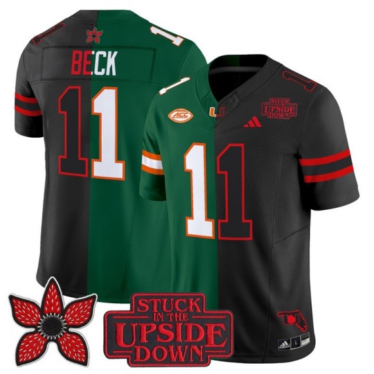 Men's Miami Hurricanes #11 Carson Beck Split Green Black 'Upside Down Edition' F.U.S.E. Vapor Limited Stitched Jersey