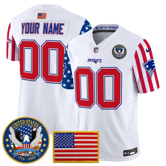 Men's New England Patriots Custom White America250 Edition F.U.S.E. Vapor Limited Stitched Jersey