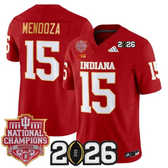 Men's Indiana Hoosiers #15 Fernando Mendoza Crimson Gold Trim 2025 National Champions & 2026 CFP Final Patch F.U.S.E. F.U.S.E. Vapor Limited Stitched Jersey