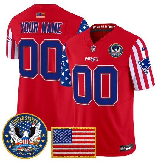 Men's New England Patriots Custom Red America250 Edition F.U.S.E. Vapor Limited V2 Stitched Jersey