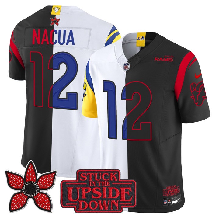 Men's Los Angeles Rams #12 Puka Nacua White Black 'Upside Down Edition' F.U.S.E. Vapor Limited Stitched Jersey