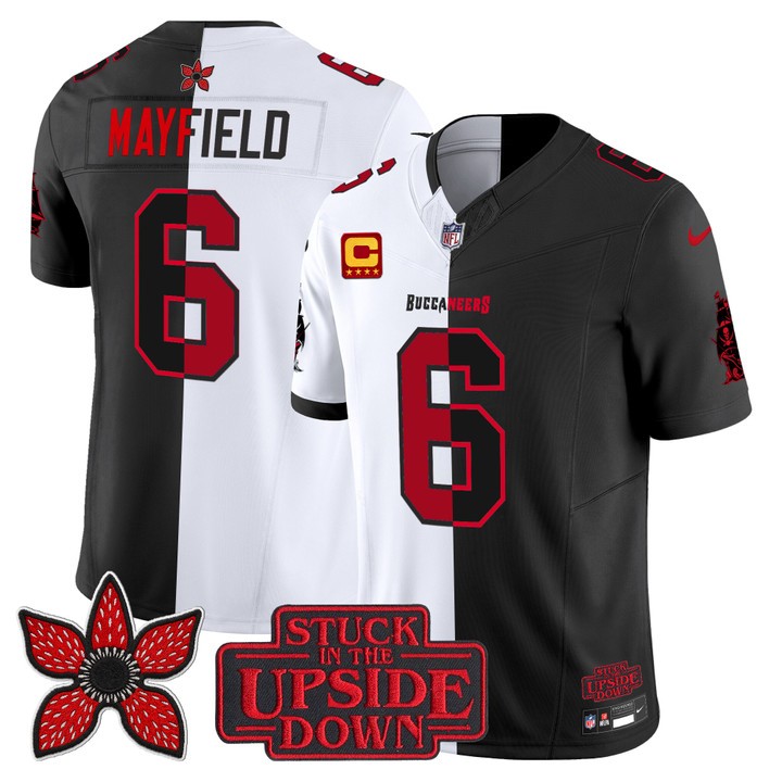 Men's Tampa Bay Buccaneers #6 Baker Mayfield White Black 'Upside Down Edition' F.U.S.E. Vapor Limited Stitched Jersey