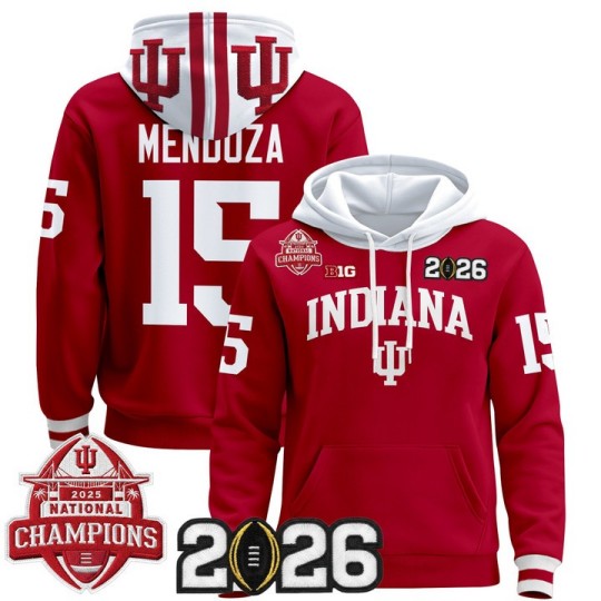 Men's Indiana Hoosiers #15 Fernando Mendoza Crimson 2025 National Champions & 2026 CFP Final Patch Premium V2 Stitched Pullover Hoodie