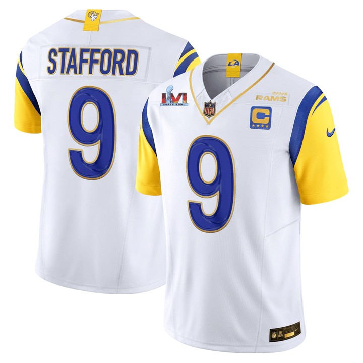 Men's Los Angeles Rams #9 Matthew Stafford White F.U.S.E. Super Bowl LVI & 4-star C Patch Gold Trim Vapor Limited Stitched Jersey