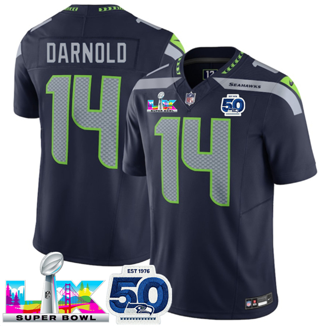 Men's Seattle Seahawks #14 Sam Darnold Navy 2025 F.U.S.E. Super Bowl LX Patch And 50th Season Patch Vapor Limited Stitched Football Jersey