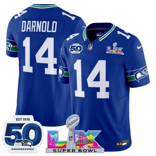 Men's Seattle Seahawks #14 Sam Darnold Royal 2025 F.U.S.E. Super Bowl LX Patch And 50th Season Patch Vapor Limited Stitched Football Jersey