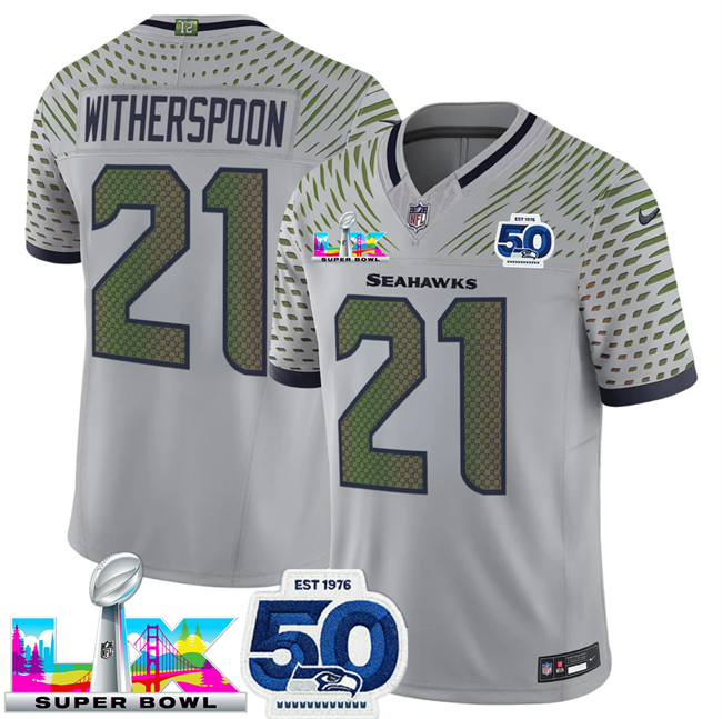 Men's Seattle Seahawks #21 Devon Witherspoon Royal 2025 F.U.S.E. Super Bowl LX Patch And 50th Season Patch “Rivalries” Vapor Limited Stitched Football Jersey