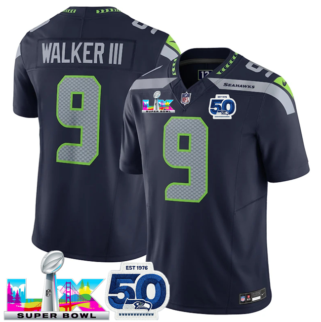 Men's Seattle Seahawks #9 Kenneth Walker III Navy 2025 F.U.S.E. Super Bowl LX Patch And 50th Season Patch Vapor Limited Stitched Football Jersey