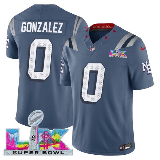Men's New England Patriots #0 Christian Gonzalez Storm Blue 2025 F.U.S.E. Super Bowl LX Patch “Rivalries” Vapor Limited Stitched Football Jersey