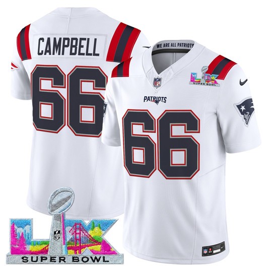 Men's New England Patriots #66 Will Campbell White 2025 F.U.S.E. Super Bowl LX Patch Vapor Limited Stitched Football Jersey