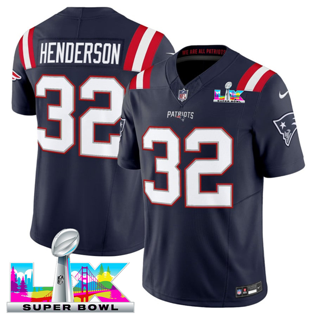 Men's New England Patriots #32 TreVeyon Henderson Navy 2025 F.U.S.E. Super Bowl LX Patch Vapor Limited Stitched Football Jersey