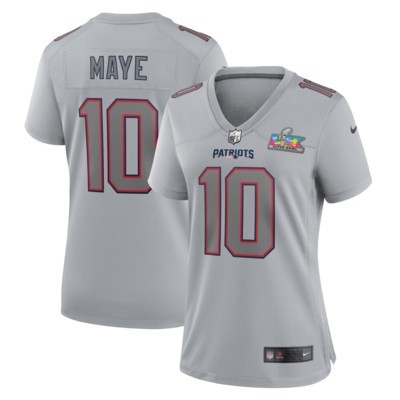 Women's New England Patriots #10 Drake Maye Silver Nike Super Bowl LX Patch Atmosphere Fashion Game Stitched Jersey