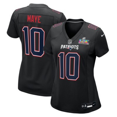 Women's New England Patriots #10 Drake Maye Black Nike Super Bowl LX Patch Carbon Fashion Game Stitched Jersey