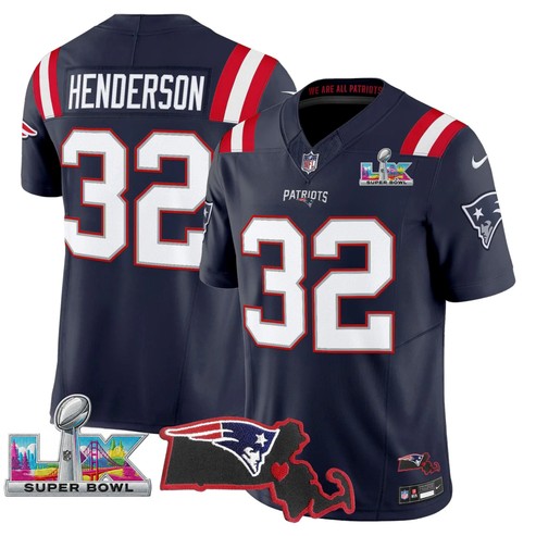 Men's New England Patriots #32 TreVeyon Henderson Navy Super Bowl LX & State Patch F.U.S.E. Vapor Limited Stitched Jersey