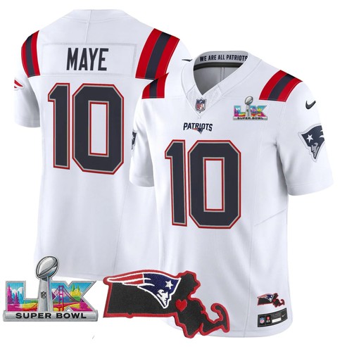Men's New England Patriots #10 Drake Maye White Super Bowl LX & State Patch F.U.S.E. Vapor Limited Stitched Jersey