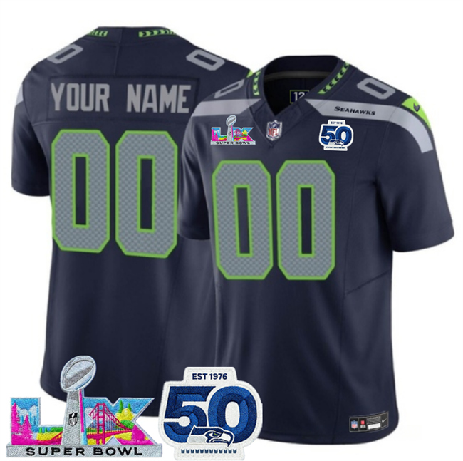 Youth Seattle Seahawks Active Player Custom Navy 2025 F.U.S.E. Super Bowl LX Patch And 50th Season Patch Vapor Limited Stitched Football Jersey