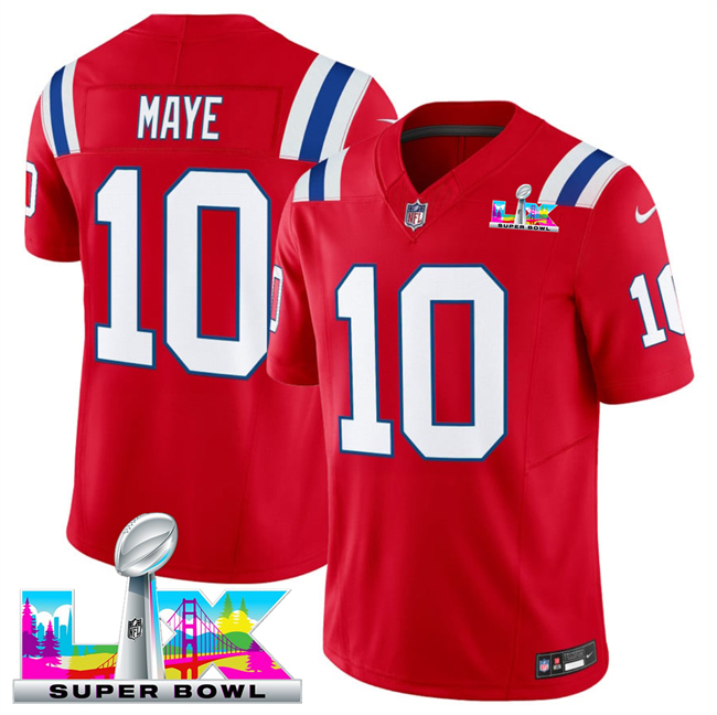 Youth New England Patriots #10 Drake Maye Red 2025 F.U.S.E. Super Bowl LX Patch Vapor Limited Stitched Football Jersey