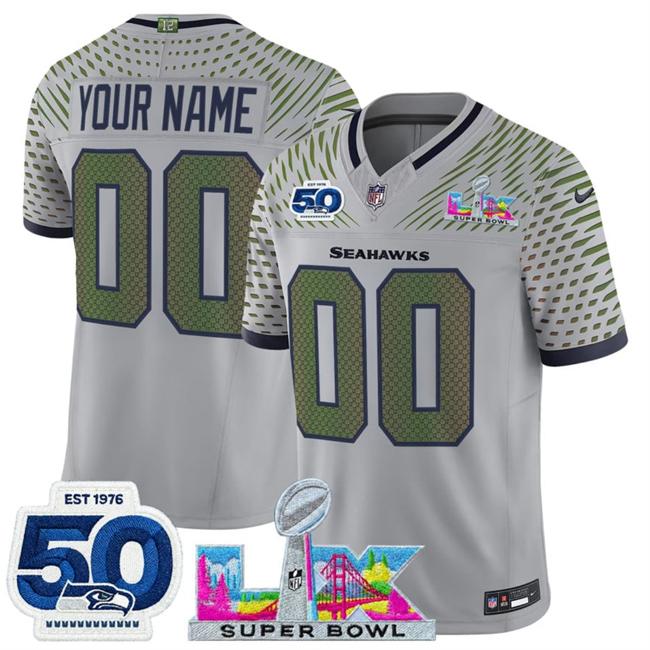 Women's Seattle Seahawks Active Player Custom Grey 2025 F.U.S.E. Super Bowl LX Patch And 50th Season Patch “Rivalries” Vapor Limited Stitched Football Jersey