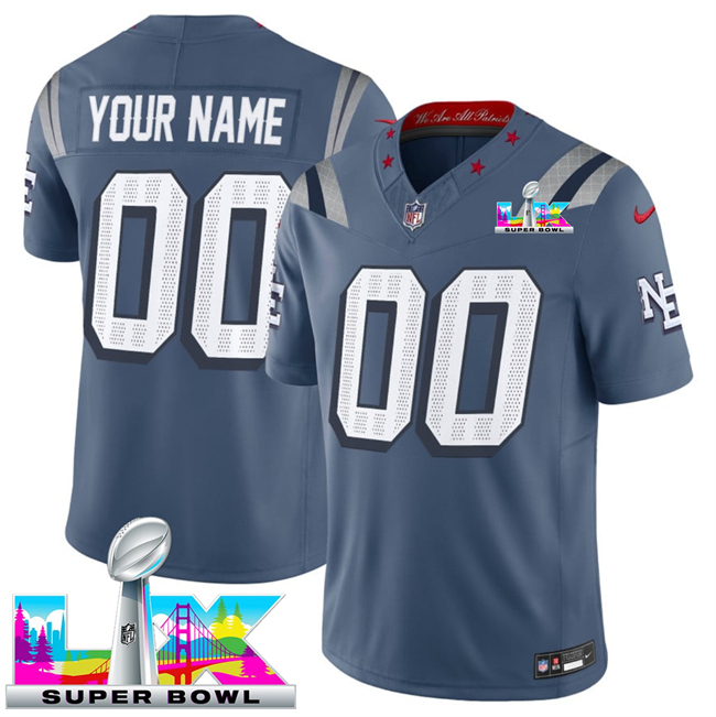 Women's New England Patriots Active Player Custom Storm Blue 2025 F.U.S.E. Super Bowl LX Patch “Rivalries” Vapor Limited Stitched Football Jersey