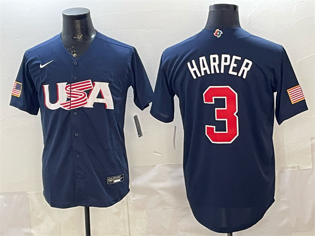 Men's USA Baseball #3 Bryce Harper Navy World Baseball Classic Stitched Jersey