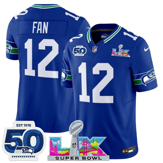 Men's Seattle Seahawks #12 Fan Royal 2025 F.U.S.E. Super Bowl LX Patch And 50th Season Patch Vapor Throwback Limited Stitched Football Jersey
