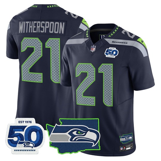 Men's Seattle Seahawks #21 Devon Witherspoon College Navy F.U.S.E. 50th Anniversary & State Team Patch Vapor Limited Stitched Jersey