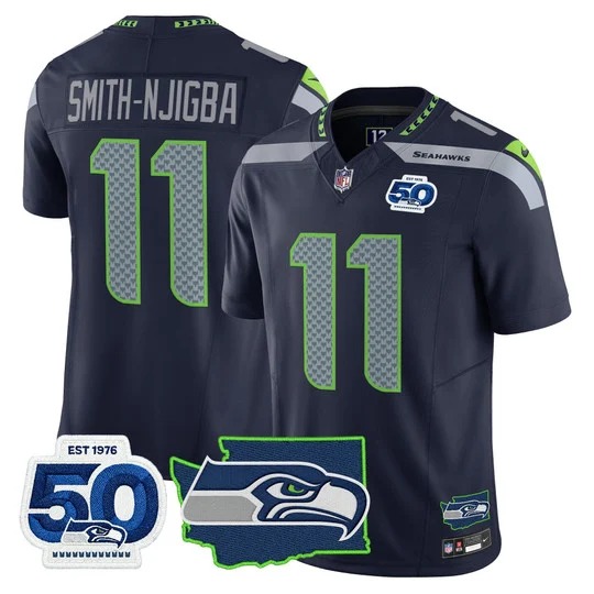 Men's Seattle Seahawks #11 Jaxon Smith-Njigba College Navy F.U.S.E. 50th Anniversary & State Team Patch Vapor Limited Stitched Jersey