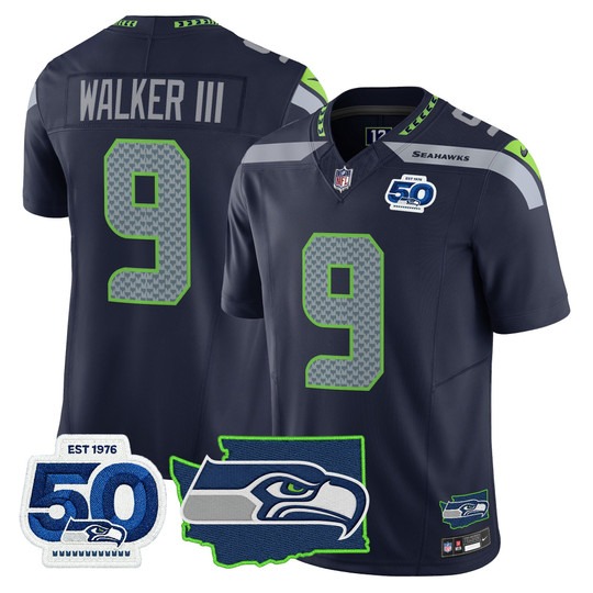 Men's Seattle Seahawks #9 Kenneth Walker III College Navy F.U.S.E. 50th Anniversary & State Team Patch Vapor Limited Stitched Jersey