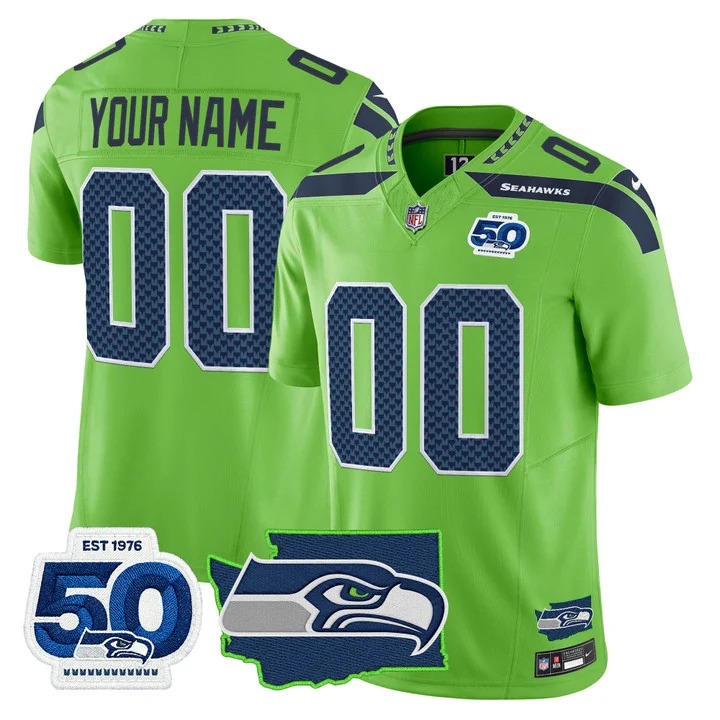 Seattle Seahawks Custom Green F.U.S.E. 50th Anniversary & State Team Patch Vapor Limited Stitched Jersey