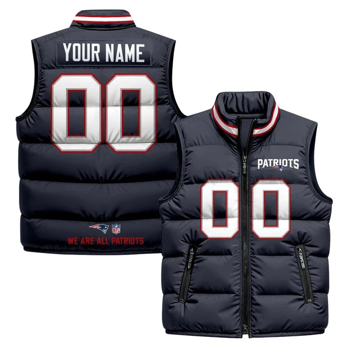 Men's New England Patriots Custom Navy 2025 Printed Puffer Vest